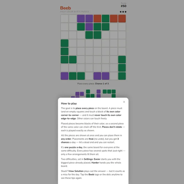 Beeb puzzle #50: an 8 by 8 board seeded with purple, green and red blocks, a tray of pieces below it, and the How to play panel explaining the corner-touch rule