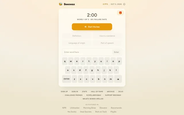 The Beeswax board before the first word: a two-minute clock, Word 1 of 5, the Start the bee button, four hint buttons and an on-screen keyboard