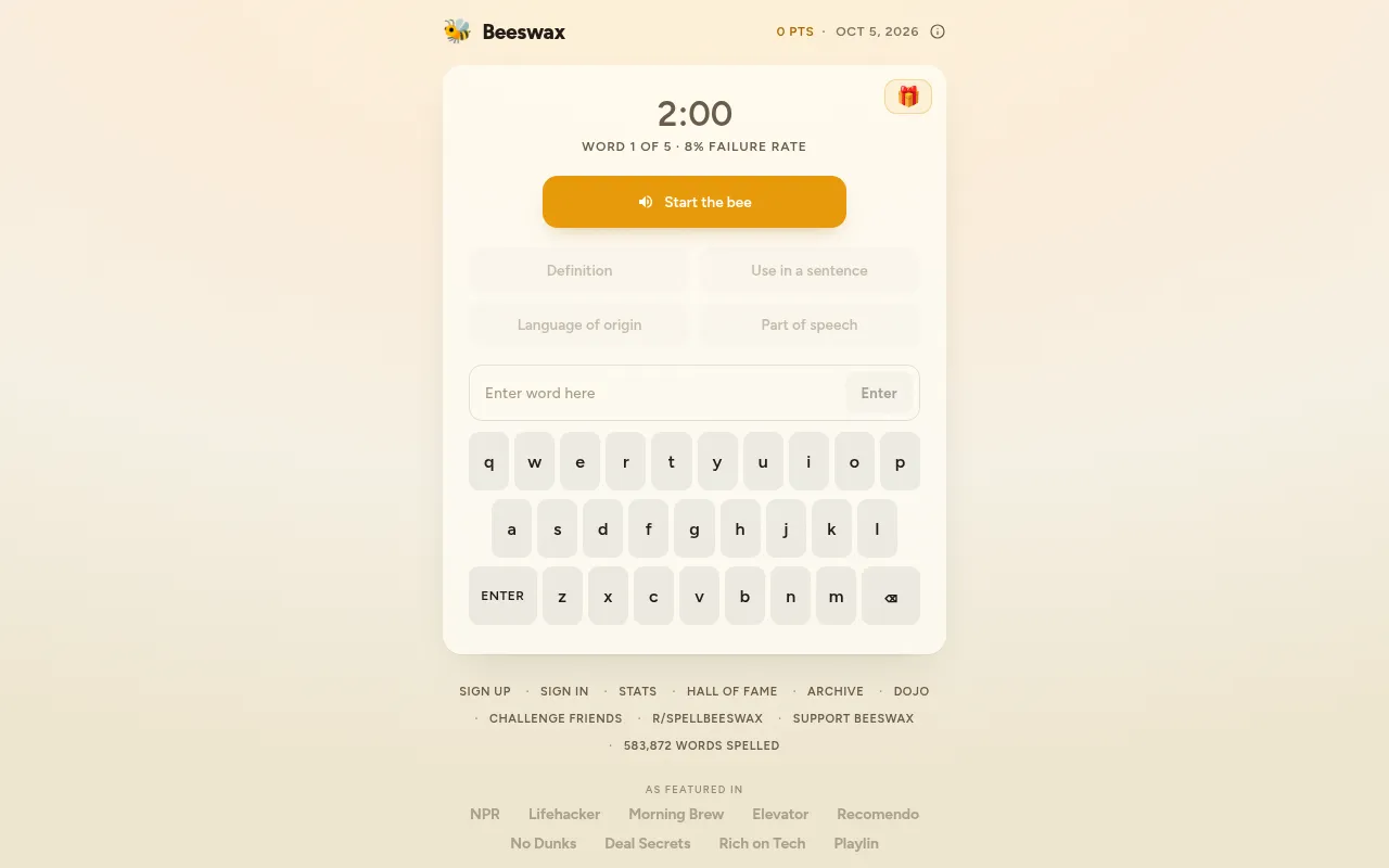 The Beeswax board before the first word: a two-minute clock, Word 1 of 5, the Start the bee button, four hint buttons and an on-screen keyboard