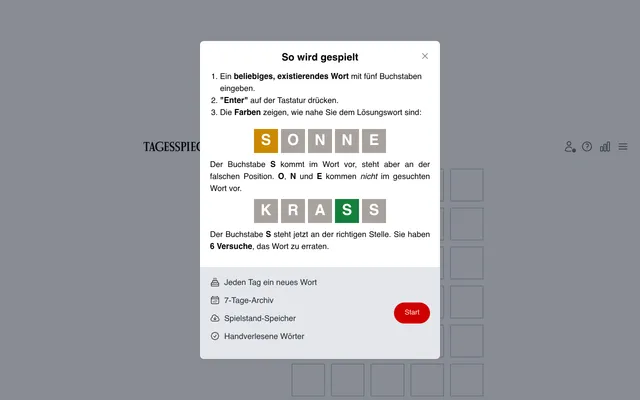 Begriffel how-to-play panel on Der Tagesspiegel: guess a five-letter German word, with example tiles (S yellow in SONNE, S green in KRASS) explaining the colours, a note of six tries, and features inc