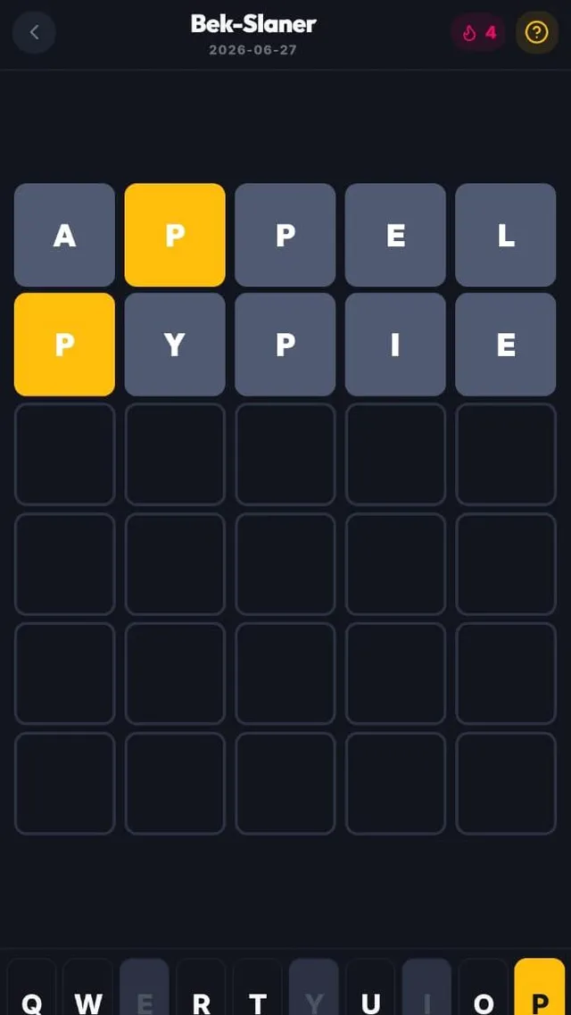 A Bek-Slaner board dated 2026-06-27 with two guesses, APPEL and PYPIE, grey and yellow tiles, and an Afrikaans keyboard below