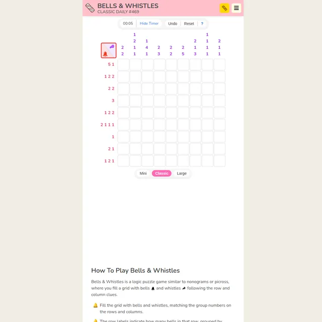 Bells & Whistles Classic Daily #469: an empty 9 by 9 grid with red bell clues beside the rows and purple whistle clues above the columns, a timer, Undo and Reset buttons, and Mini, Classic and Large s