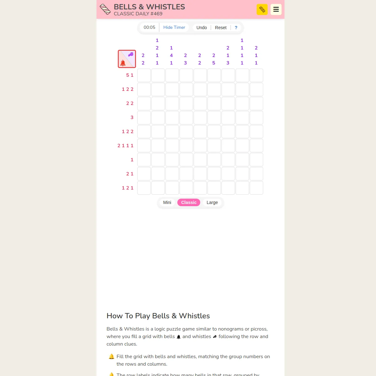 Bells & Whistles Classic Daily #469: an empty 9 by 9 grid with red bell clues beside the rows and purple whistle clues above the columns, a timer, Undo and Reset buttons, and Mini, Classic and Large s