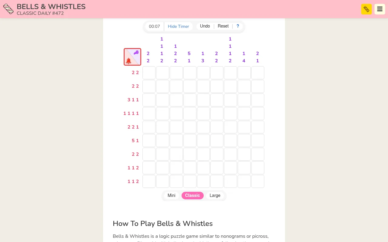Bells & Whistles Classic Daily #472: an empty 9 by 9 grid with red bell run clues beside the rows and purple whistle run clues above the columns, a timer, Undo and Reset, and Mini, Classic and Large t