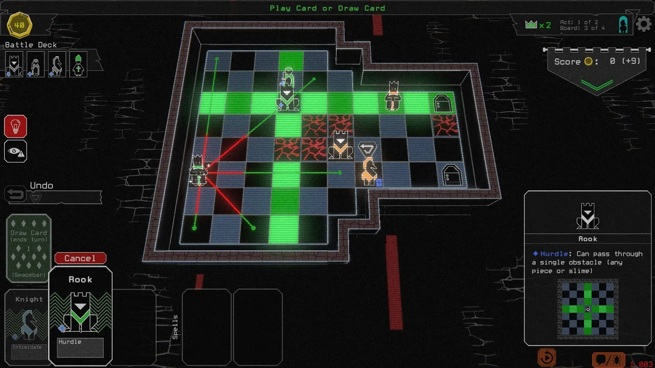 Below the Crown board with chess-style pieces on a dungeon grid, highlighted moves and the rook's Hurdle card