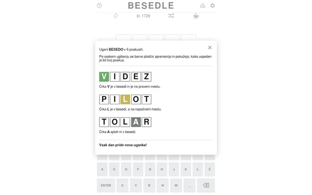 Besedle puzzle št. 1726: the help card in Slovene with example words VIDEZ, PILOT and TOLAR in green, yellow and grey, over the board and a keyboard with Č