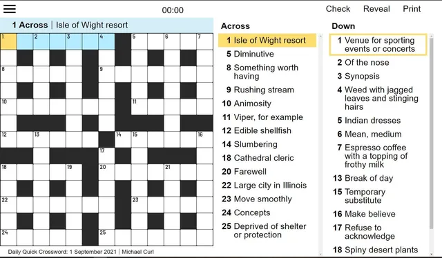 A Best Daily Quick Crossword grid with its clue list