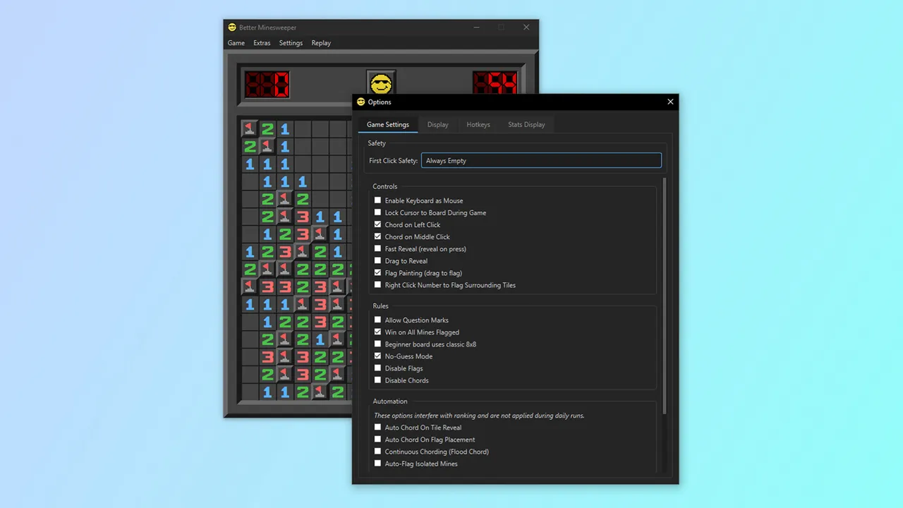 Better Minesweeper options window with safety, controls and rule settings such as No-Guess Mode, beside a board in play