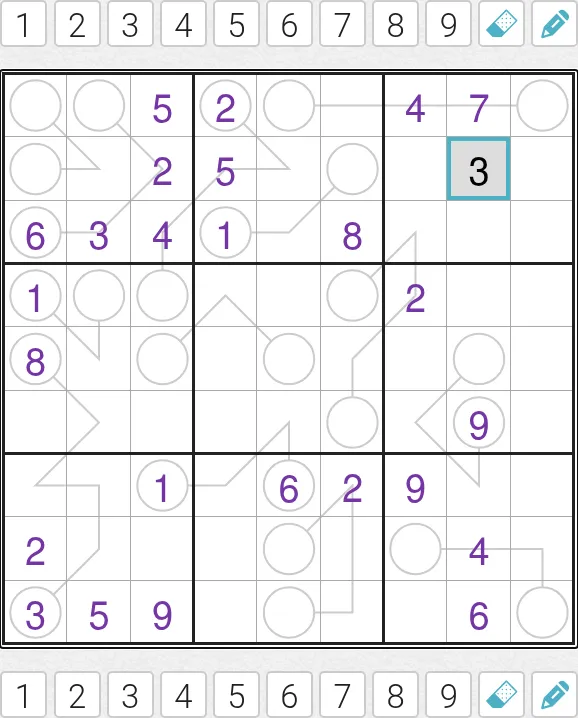 The Medium Between Line Sudoku on PuzzleMadness for 28 October 2026: a 9x9 grid with grey lines between circles, purple givens and a 3 just entered
