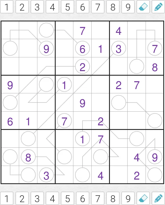 Today's Medium Between Line Sudoku on PuzzleMadness for 3 October 2026: a 9x9 grid with thin lines joining pairs of circles and purple given digits
