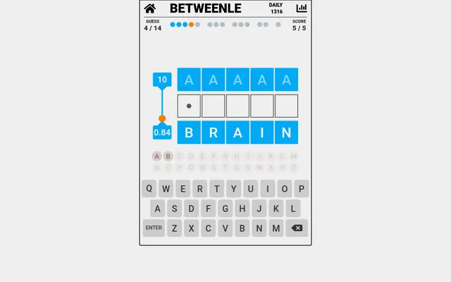 Betweenle Daily 1316 on a desktop at guess 4 of 14: the secret word lies between AAAAA and BRAIN, 0.84% from BRAIN, with the on-screen keyboard below