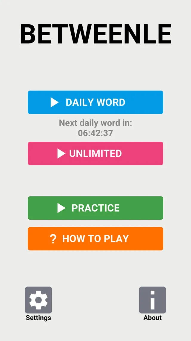 Betweenle menu with Daily Word, a countdown to the next word, Unlimited and Practice