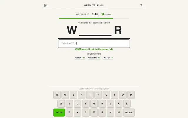 Betwixtle #45 in play: the letters W and R with a blank between them, the timer at 0:46, 30 points, and the words WIDER, WONDER and WATER found