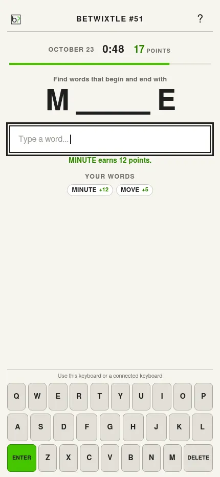 Betwixtle #51 at phone size: the letters M and E, the timer at 0:48, 17 points, MINUTE and MOVE found, and the on-screen keyboard at the bottom