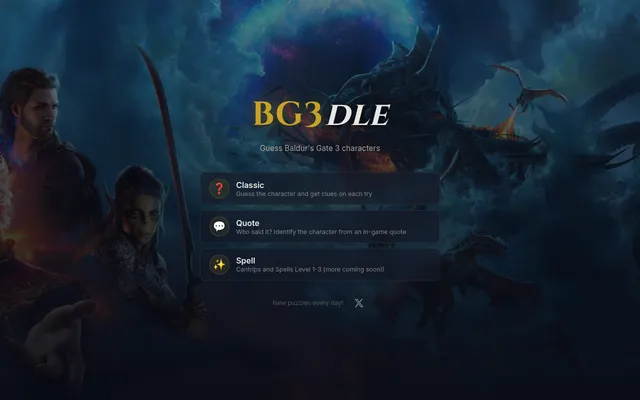BG3dle home page: the BG3DLE title over Baldur's Gate 3 character art, with buttons for the Classic, Quote and Spell modes