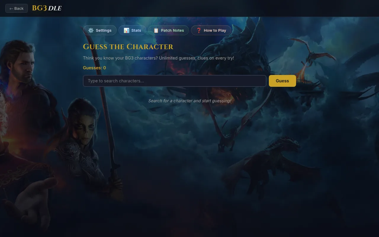 BG3dle Classic mode before the first guess: Guess the Character, a guess counter at zero and a character search box