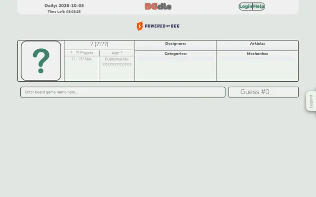 BGDLE for 3 October 2026: the hidden game card with question marks for name, players, playtime, age, publisher, designers, artists, categories and mechanics above the search bar