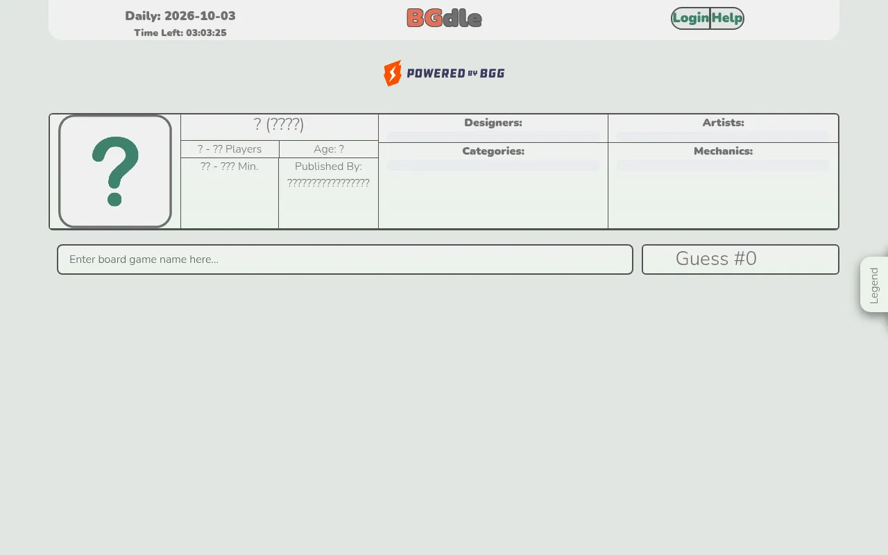 BGDLE for 3 October 2026: the hidden game card with question marks for name, players, playtime, age, publisher, designers, artists, categories and mechanics above the search bar