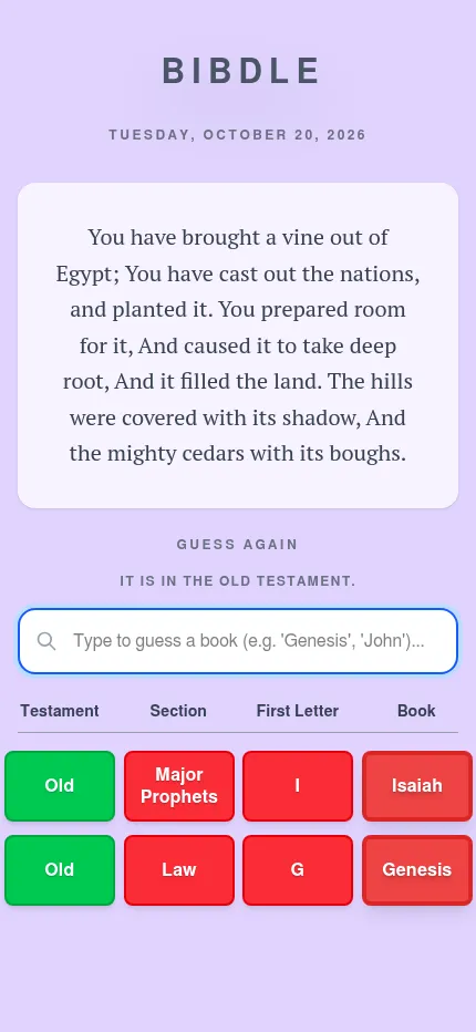 Bibdle at phone size on 20 October 2026: the day's Psalm passage above two guesses, Isaiah and Genesis, each scored for testament, section, first letter and book