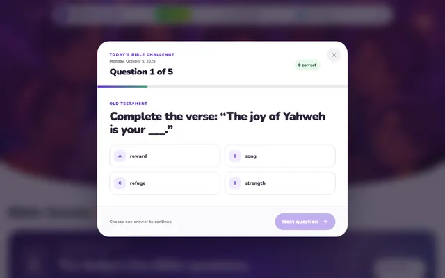Today's Bible Challenge for Monday, October 5, 2026: question 1 of 5, an Old Testament verse to complete with four answer choices