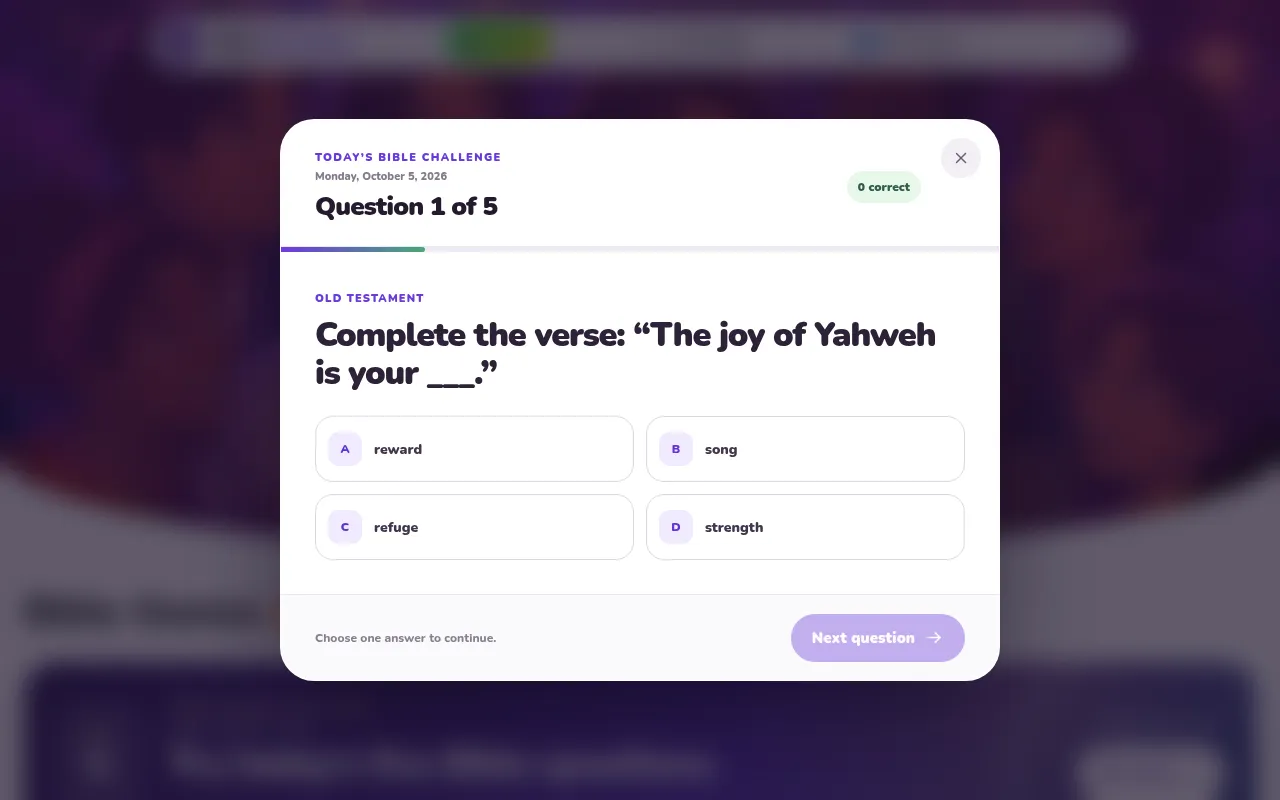 Today's Bible Challenge for Monday, October 5, 2026: question 1 of 5, an Old Testament verse to complete with four answer choices