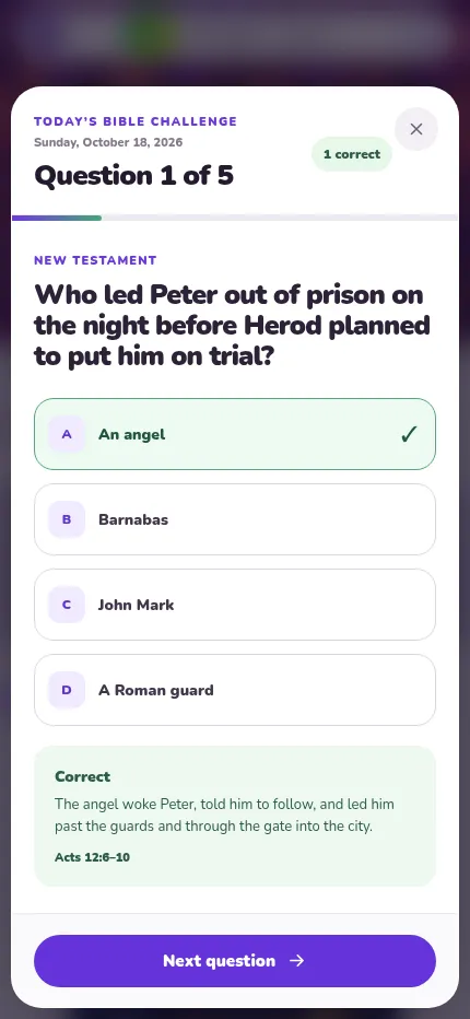 Today's Bible Challenge on a phone, October 18, 2026: a New Testament question answered correctly, with its explanation and the reference Acts 12:6-10