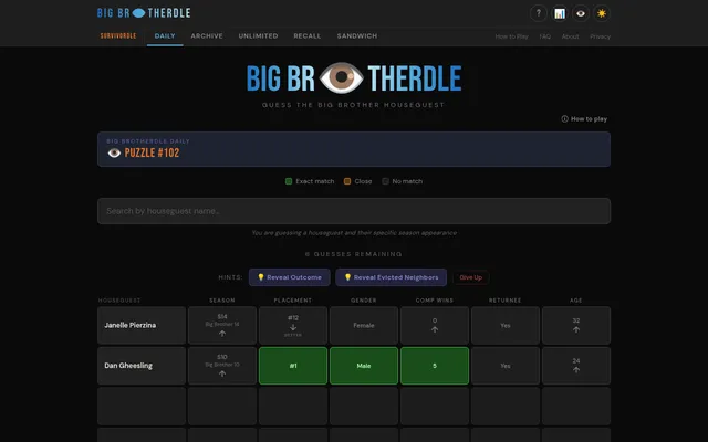 Big Brotherdle Puzzle #102 with two guesses, Janelle Pierzina and Dan Gheesling, green tiles for placement, gender and comp wins, and the two hint buttons
