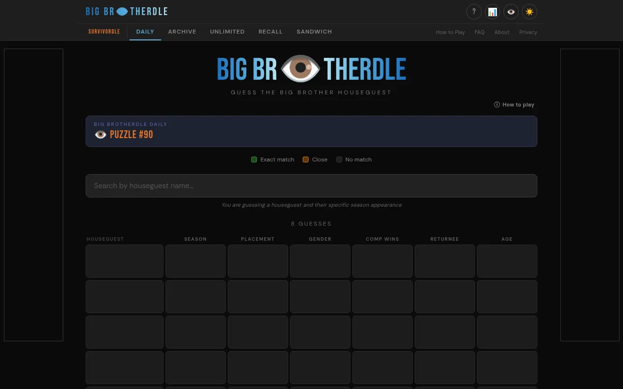 Big Brotherdle daily, Puzzle #90: a houseguest search box above eight empty rows with columns for season, placement, gender, comp wins, returnee and age