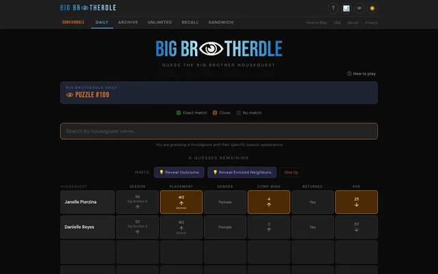 Big Brotherdle Puzzle #109 on desktop with two guesses, Janelle Pierzina and Danielle Reyes, orange close tiles and arrows for placement, comp wins and age, and the hint buttons