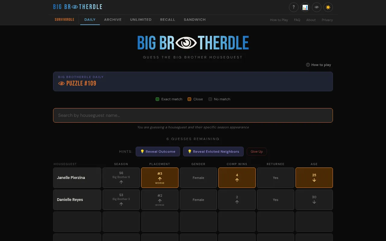 Big Brotherdle Puzzle #109 on desktop with two guesses, Janelle Pierzina and Danielle Reyes, orange close tiles and arrows for placement, comp wins and age, and the hint buttons