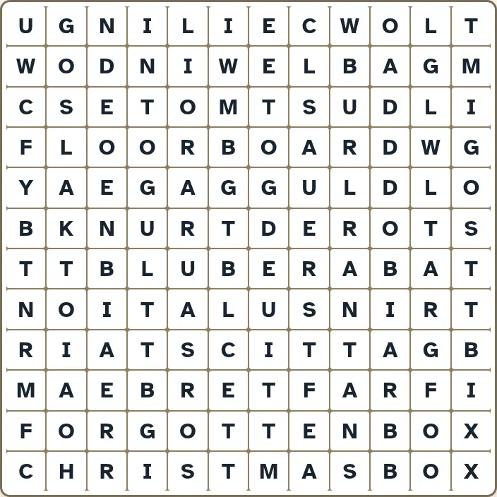 A Big Print Word Search grid: The Attic, a 12 by 12 board of large letters