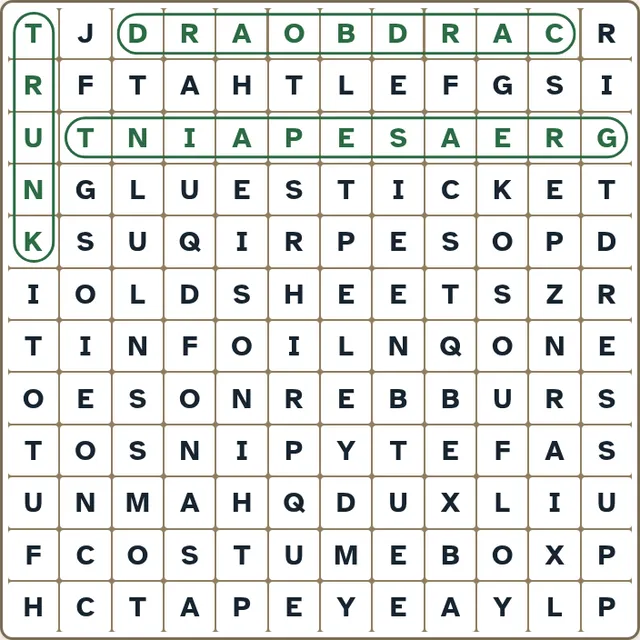 Big Print Word Search, The Costume Box (23 October 2026): a 12 by 12 grid of large letters with TRUNK, CARDBOARD and GREASEPAINT circled as found