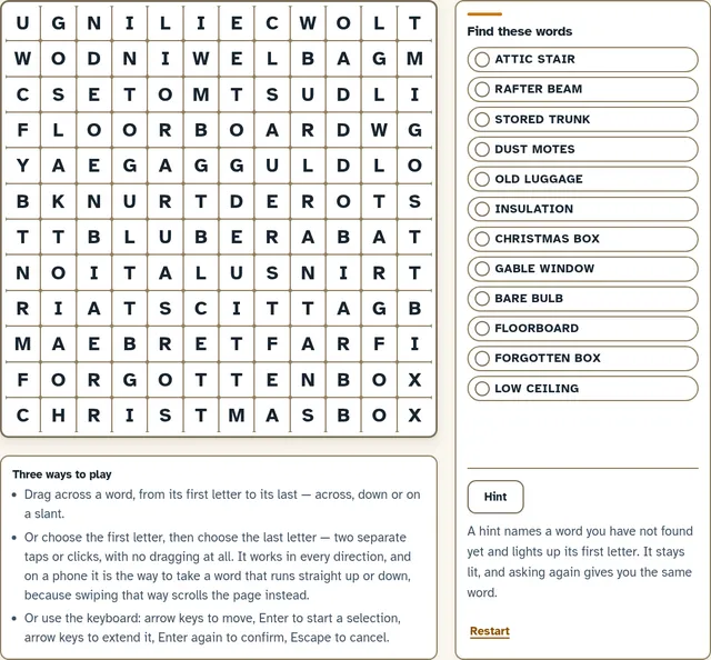 Big Print Word Search: The Attic, a 12 by 12 grid of large letters beside its list of twelve words to find and a Hint button
