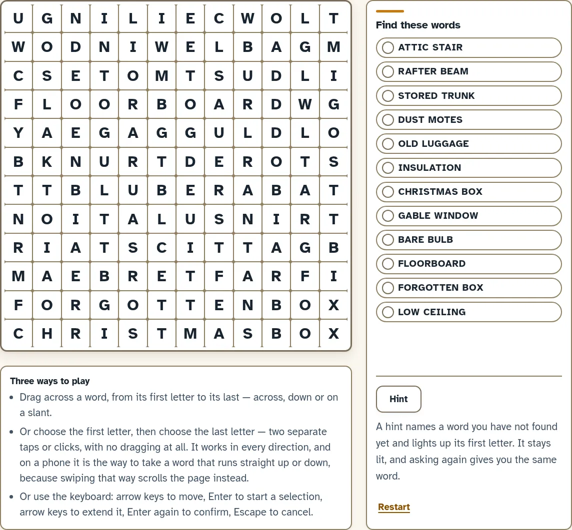 Big Print Word Search: The Attic, a 12 by 12 grid of large letters beside its list of twelve words to find and a Hint button