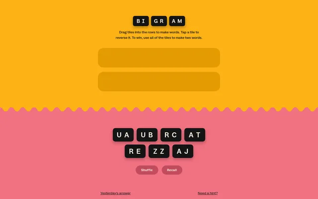 Bigram for 7 Oct 2026: two empty rows on a yellow board above seven two-letter tiles, UA, UB, RC, AT, RE, ZZ and AJ, with Shuffle and Recall buttons