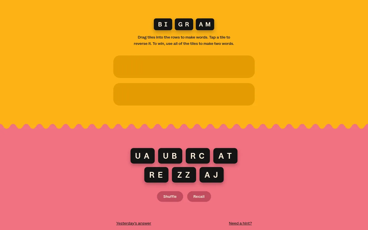 Bigram for 7 Oct 2026: two empty rows on a yellow board above seven two-letter tiles, UA, UB, RC, AT, RE, ZZ and AJ, with Shuffle and Recall buttons