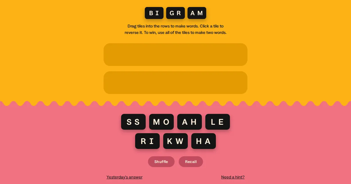 Bigram's own preview art: the BI GR AM title tiles, two empty rows and seven letter-pair tiles on a yellow and pink board, with Shuffle and Recall