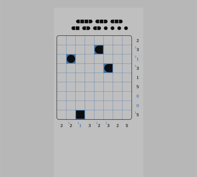 Illustration of a Bimaru grid with the fleet above it and ship counts along the rows and columns