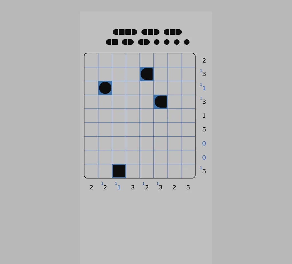 Illustration of a Bimaru grid with the fleet above it and ship counts along the rows and columns