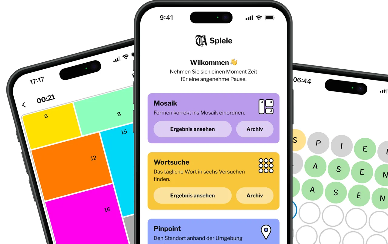 The Tages-Anzeiger Spiele app on three phones, with its daily games on the home screen