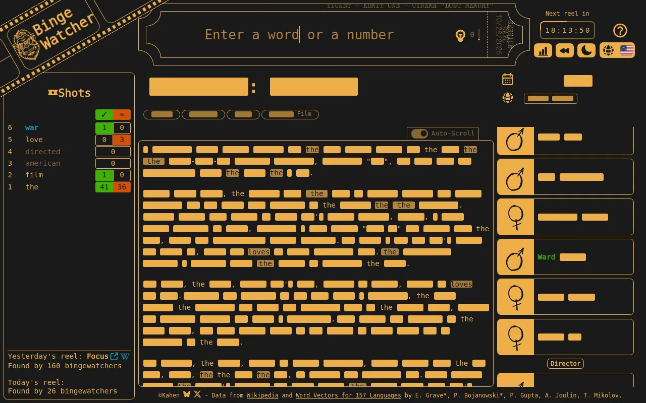 BingeWatcher US board for 28 October 2026 after six shots: a masked synopsis with 'the' and 'loves' revealed, cast cards on the right with one name found, the shot list on the left