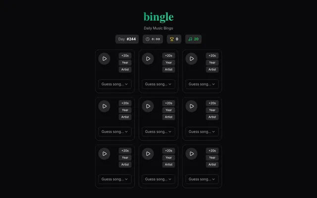 Bingle Daily Music Bingo for Day #244: a 3x3 grid of song clips, each with play, +20s, Year and Artist hints and a Guess song box