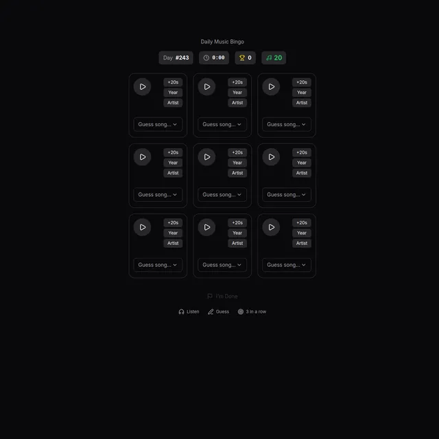 Bingle Daily Music Bingo showing Day #243 with a 3x3 grid of song clip squares, each with Play, +20s, Year and Artist hint buttons and a Guess song box, above an I'm Done button