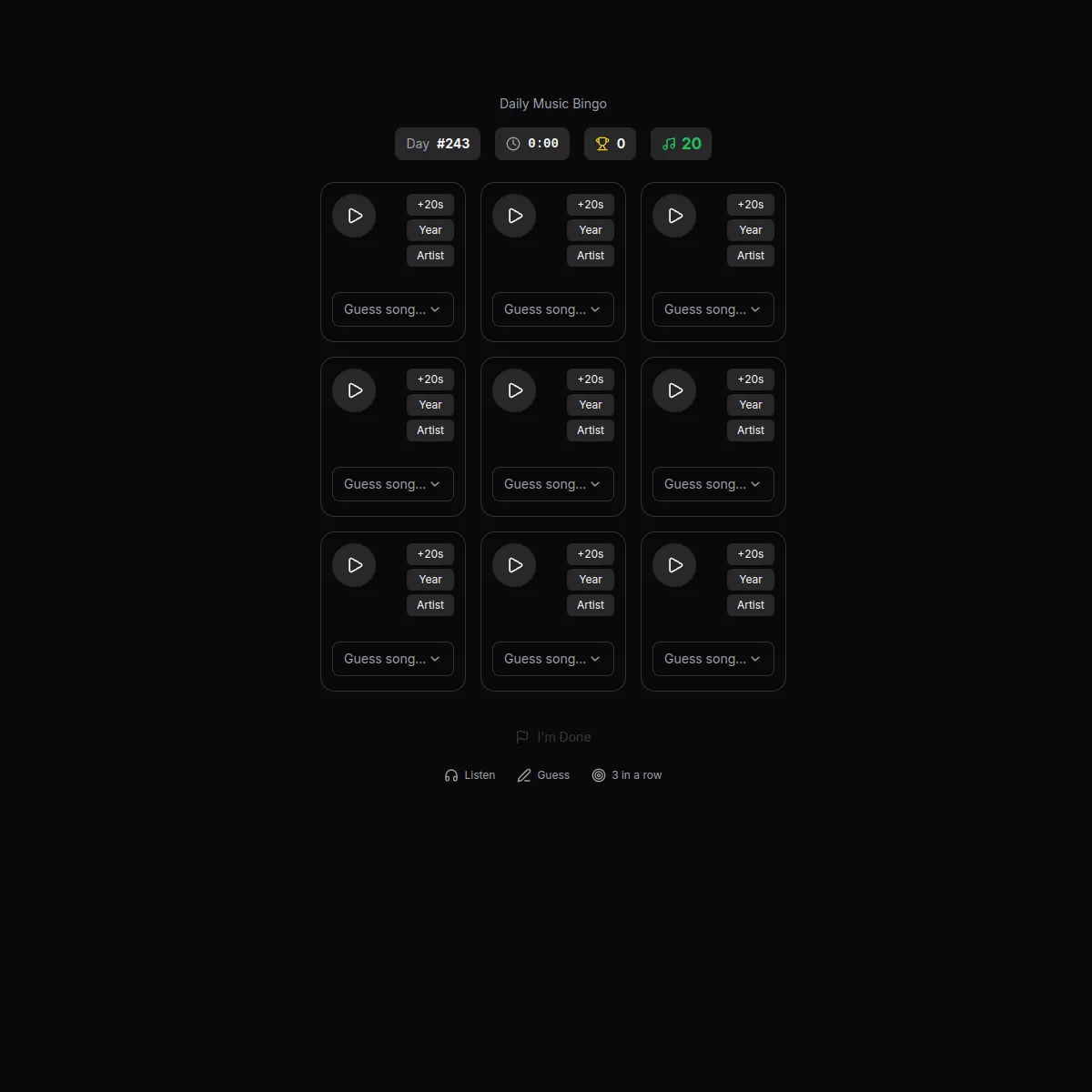 Bingle Daily Music Bingo showing Day #243 with a 3x3 grid of song clip squares, each with Play, +20s, Year and Artist hint buttons and a Guess song box, above an I'm Done button