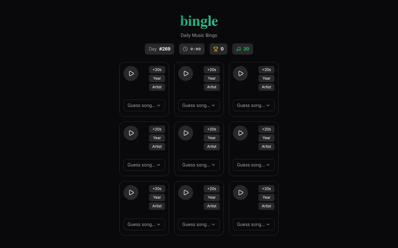 Bingle Day #269 unplayed at desktop size: the day counter, clock, score and 20 notes above the empty 3x3 card