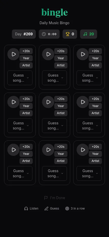 Bingle Day #269 at phone size: nine song squares, each with a play button, +20s, Year and Artist hints and a Guess song box