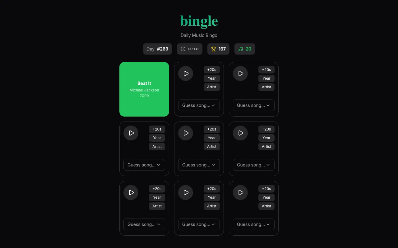 Bingle Day #269 at desktop size: the 3x3 card with Beat It by Michael Jackson solved in green, 167 points, and eight squares still to name