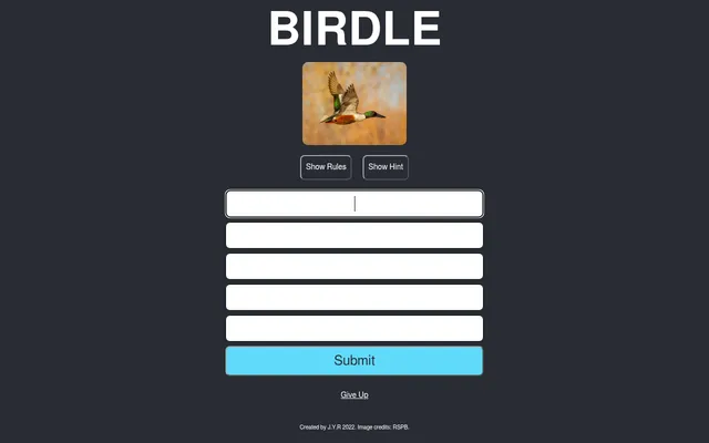 Birdle UK's board for 21 October 2026: a photo of a shoveler duck in flight above five empty guess rows, Show Rules and Show Hint buttons and a Submit button
