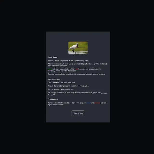 The Birdle rules panel on a dark background, with a photo of a spoonbill wading in water above the rules, the hint system explanation and a Close & Play button