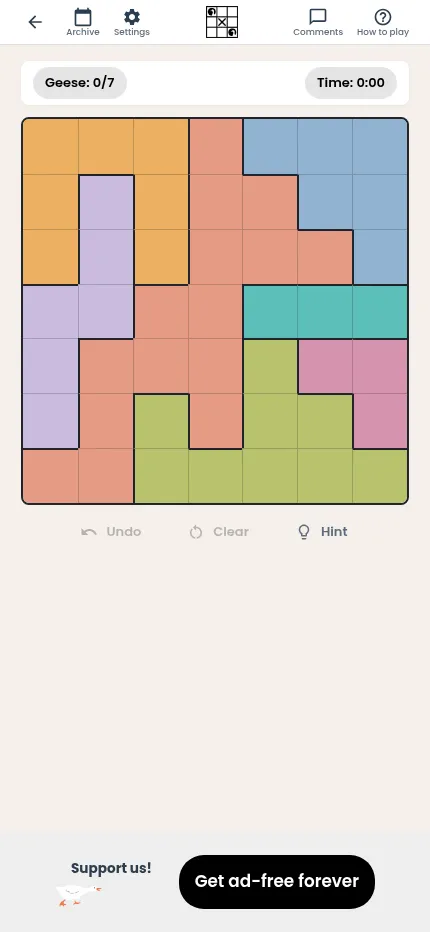 Today's Birdoku board at phone size, with Undo, Clear and Hint below the grid